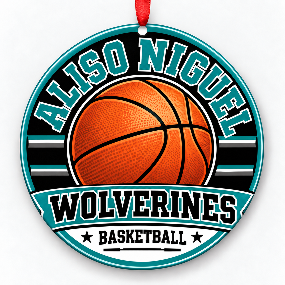 Aliso Niguel High School Wolverines basketball Christmas ornament in teal, black, gray and white