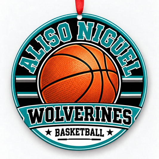 Aliso Niguel High School Wolverines basketball Christmas ornament in teal, black, gray and white
