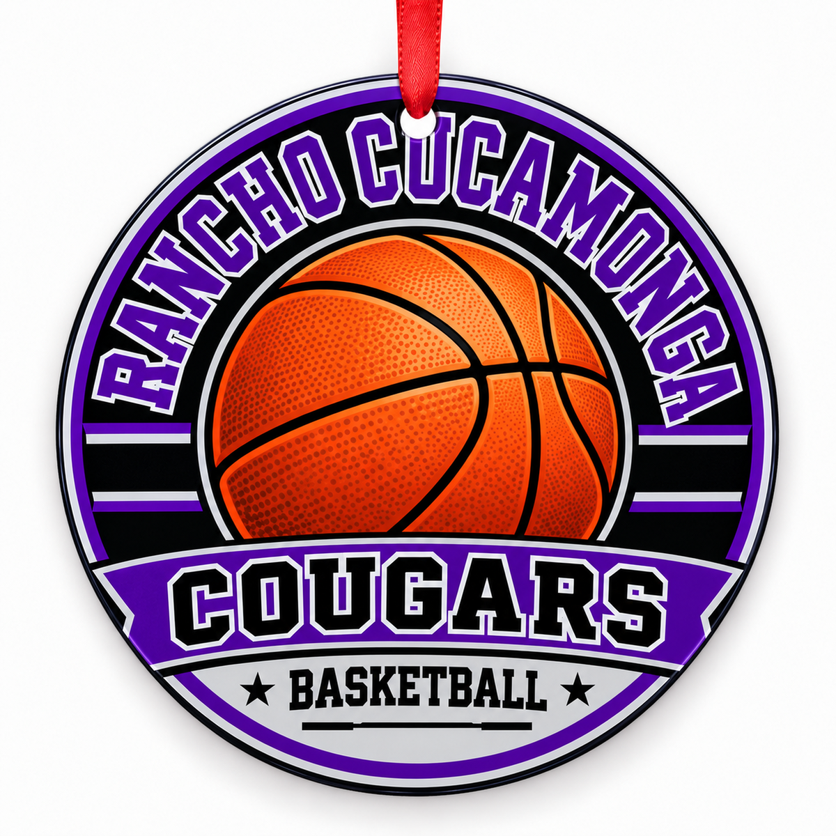 Rancho Cucamonga Cougars basketball Christmas ornament with red ribbon
