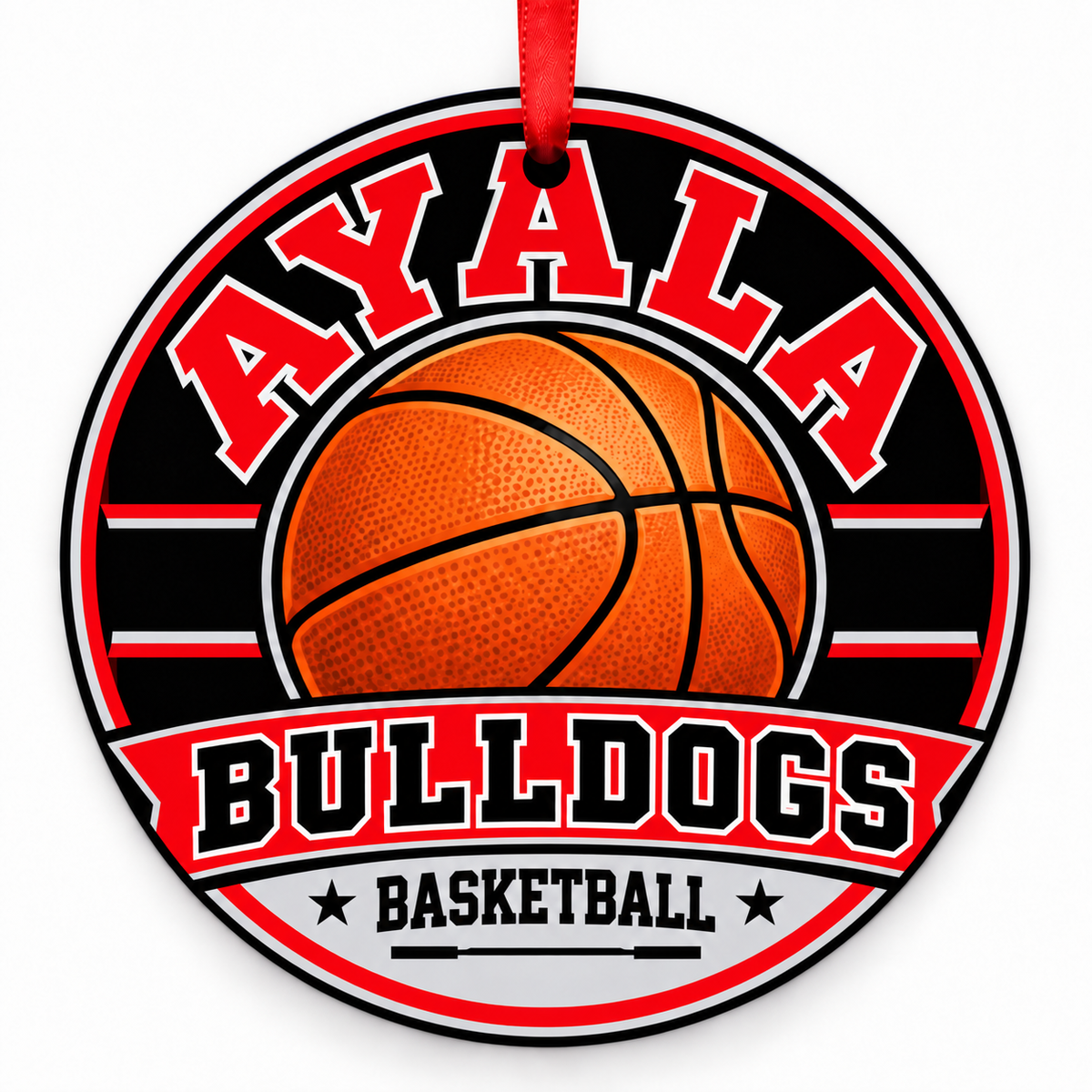 Ruben S. Ayala High School Bulldogs basketball round Christmas ornament with red ribbon