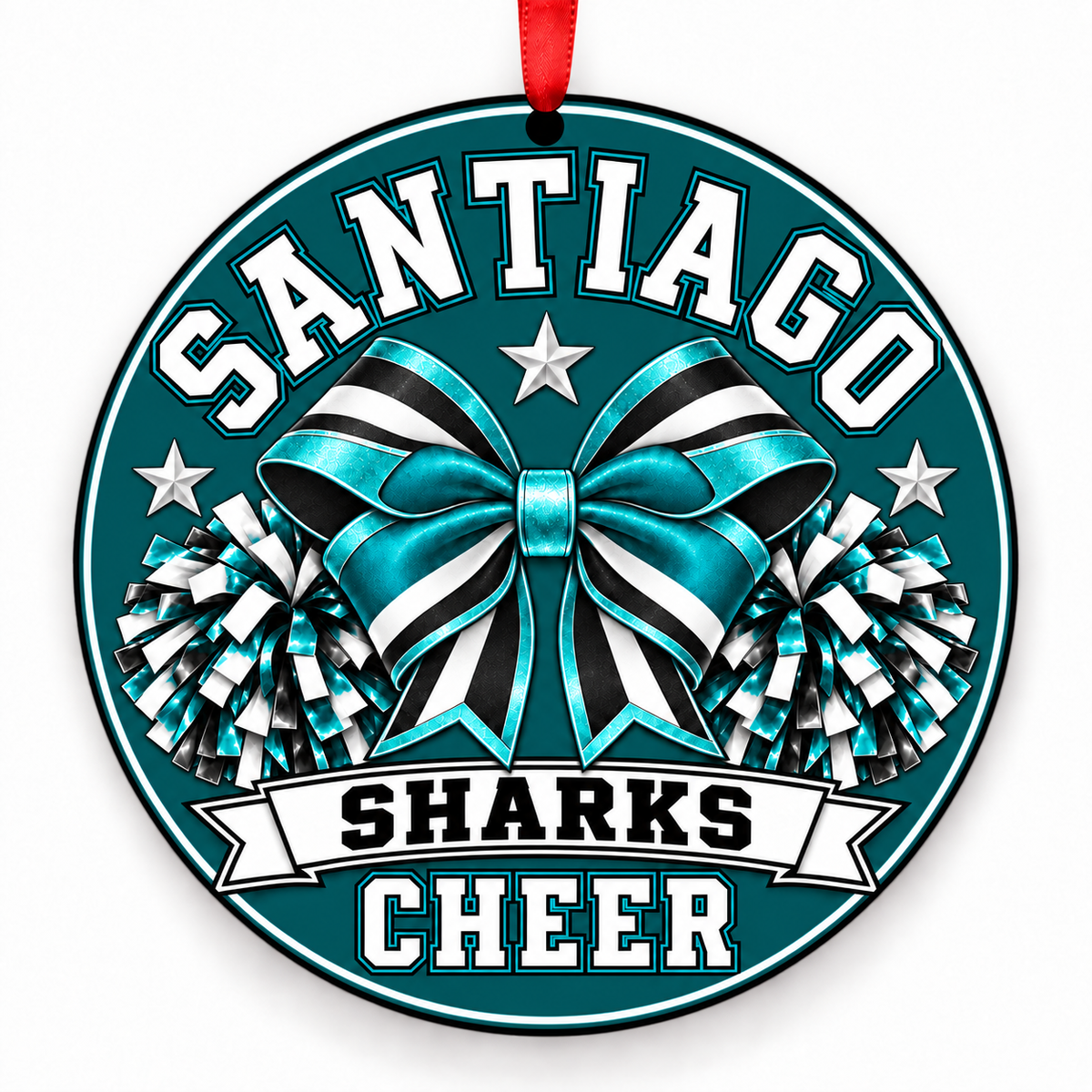 Santiago High School Sharks cheer bow and pom-poms Christmas ornament