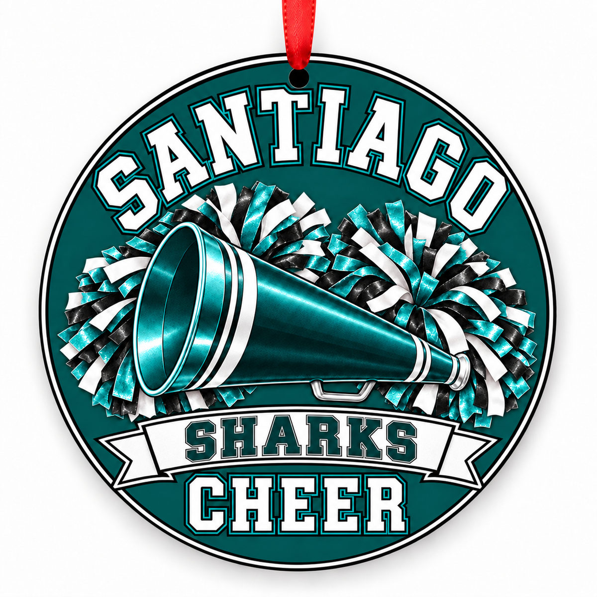 Santiago High School Sharks cheer megaphone and pom-poms Christmas ornament
