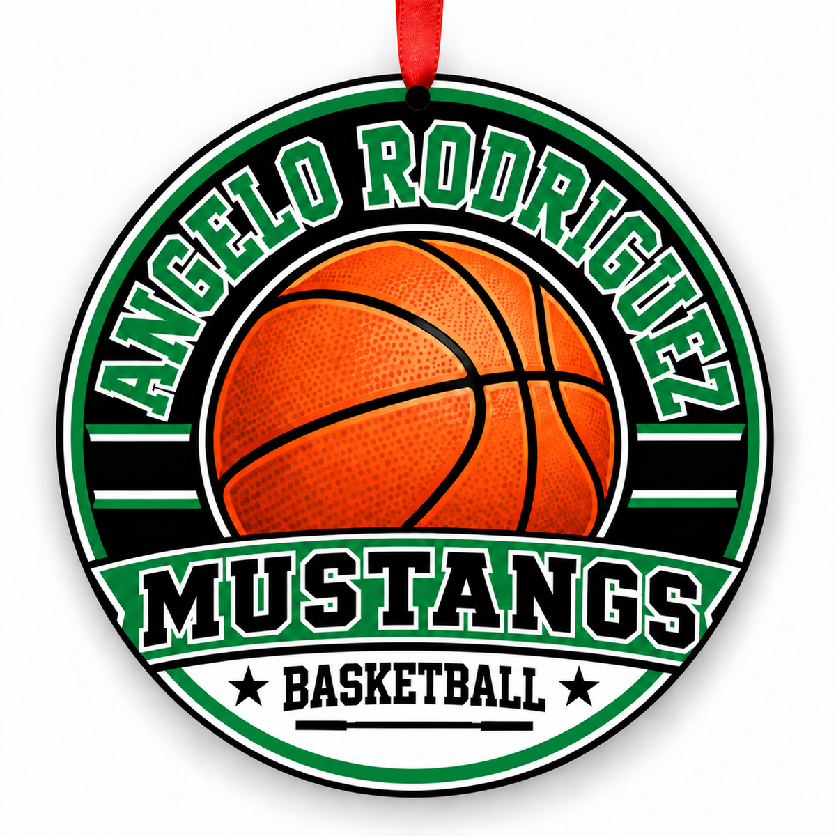 Angelo Rodriguez High Mustangs basketball ornament with red ribbon, Fairfield California