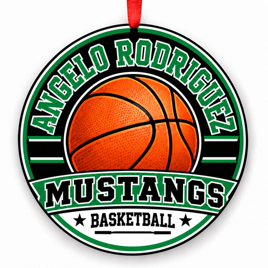 Angelo Rodriguez High Mustangs basketball ornament with red ribbon, Fairfield California