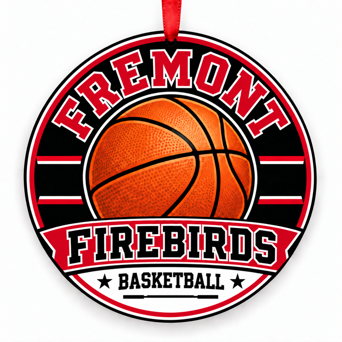 Fremont High Firebirds basketball ornament with red ribbon, Sunnyvale California