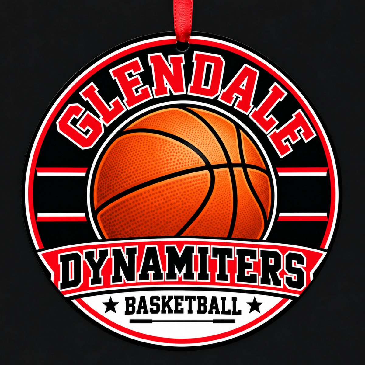 Glendale High Dynamiters basketball ornament with red ribbon, Glendale California
