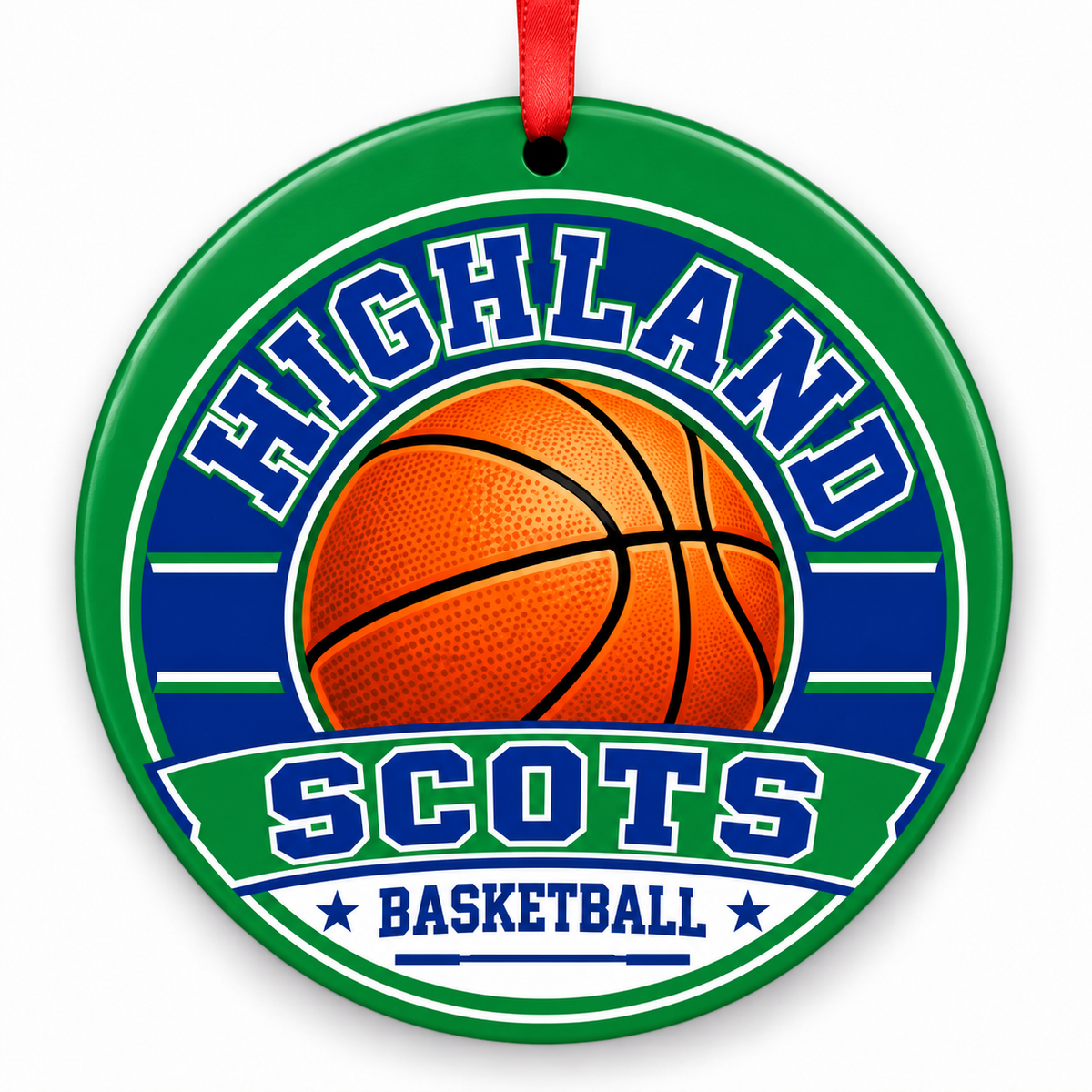 Highland High School Scots basketball round Christmas ornament with red ribbon