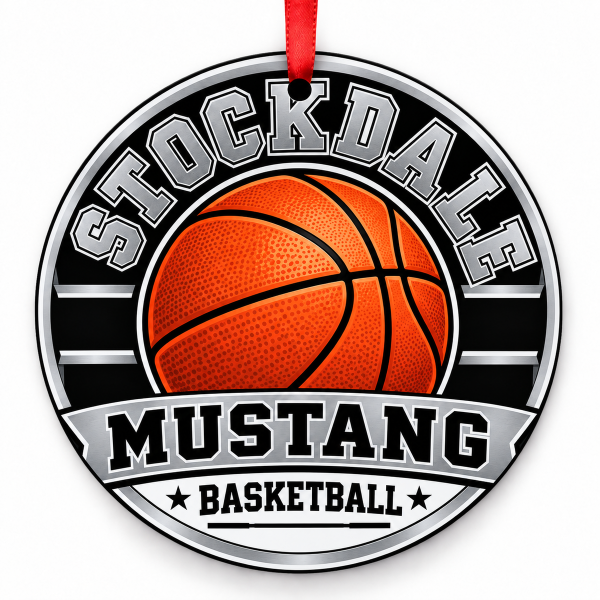 Stockdale High School Mustang basketball round Christmas ornament with red ribbon