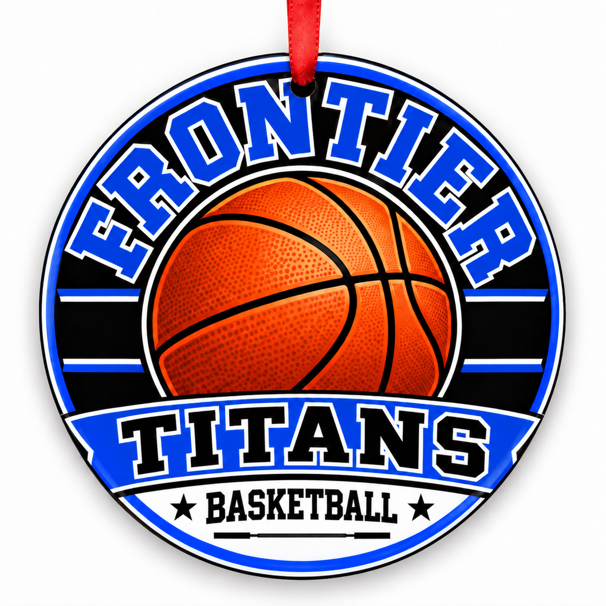 Frontier High Titans basketball ornament with red ribbon, Bakersfield California