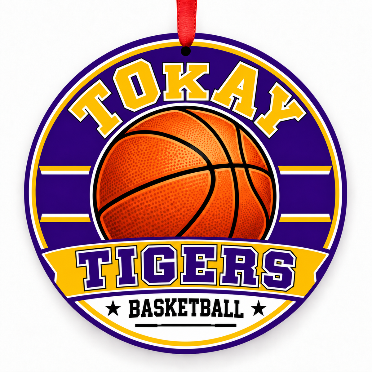 Tokay High Tigers basketball ornament with red ribbon, Lodi California