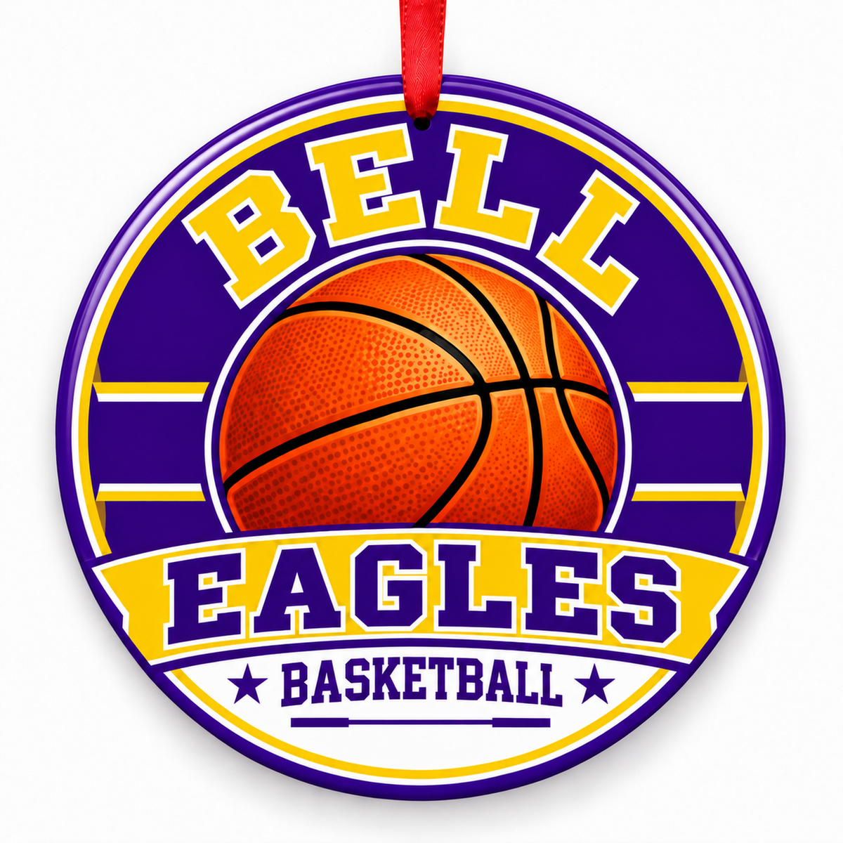 Bell Senior High Eagles basketball Christmas ornament in purple, gold, and white