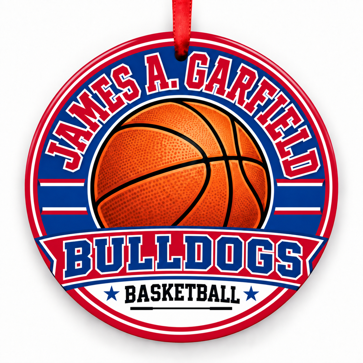 James A. Garfield Senior High Bulldogs basketball ornament with red ribbon, Los Angeles California