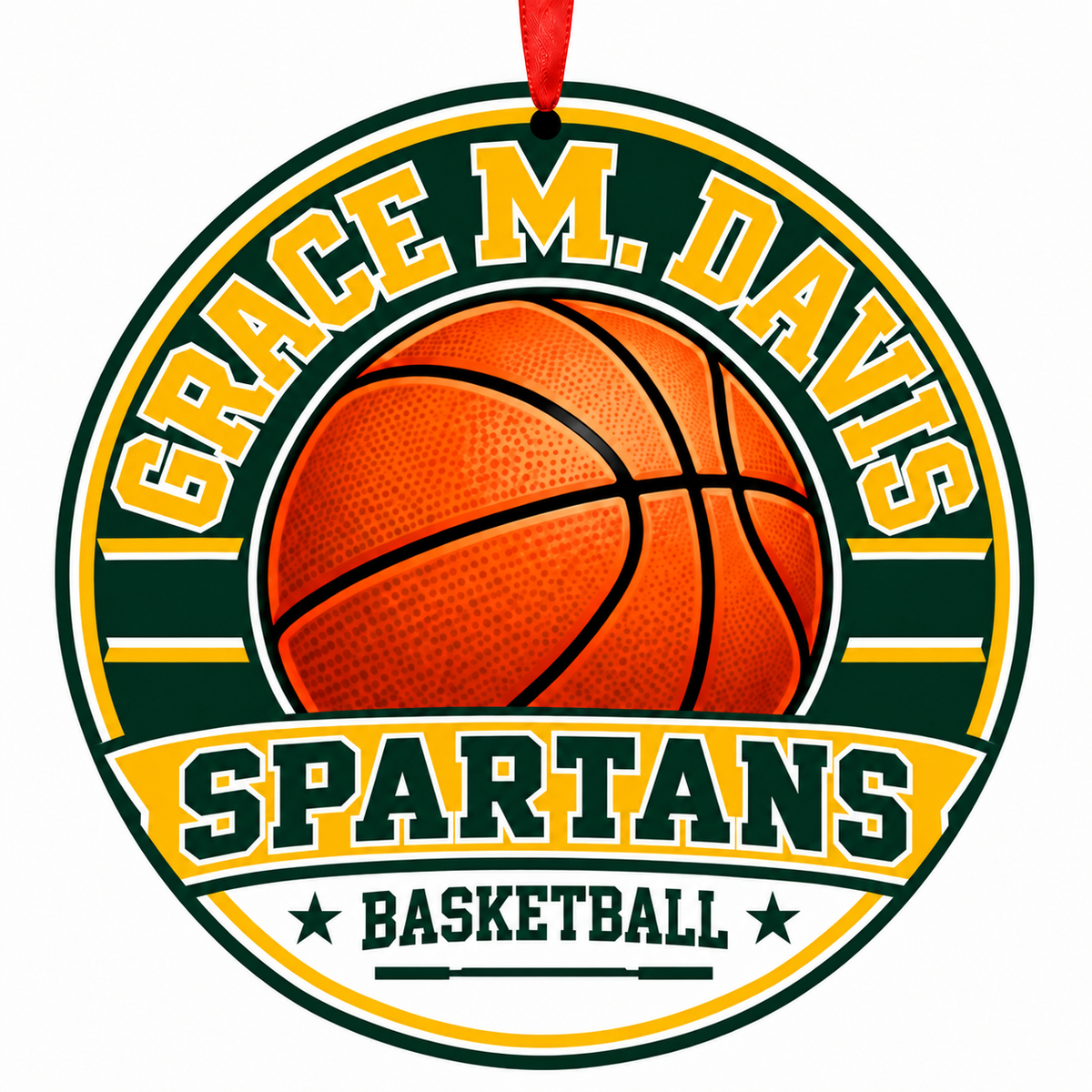 Grace M. Davis High Spartans basketball ornament with red ribbon, Modesto California