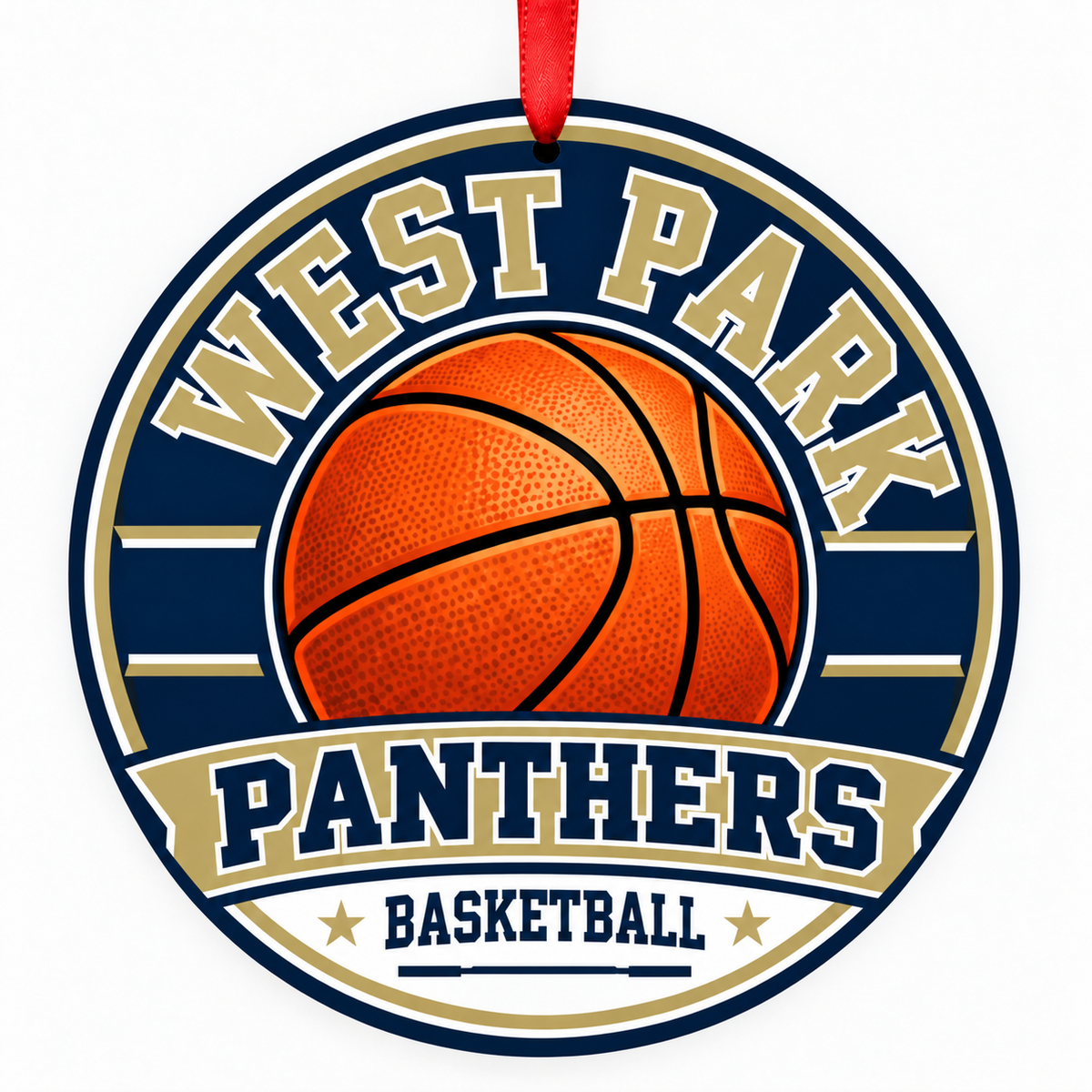 West Park High Panthers basketball ornament with red ribbon, Roseville California