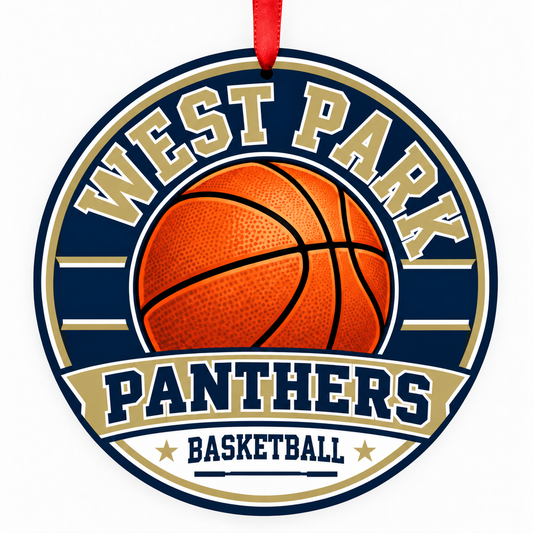 West Park High Panthers basketball ornament with red ribbon, Roseville California