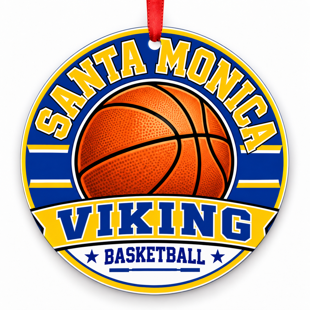 Santa Monica High Viking basketball ornament in Blue; Gold, Santa Monica, California