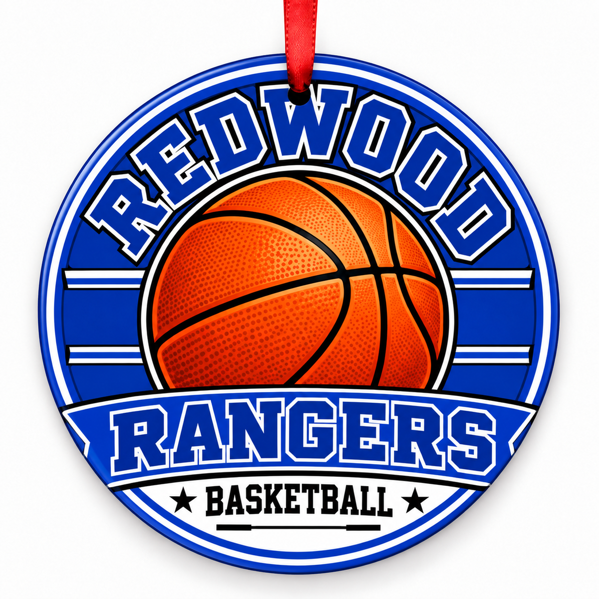 Redwood High School Rangers basketball round Christmas ornament with red ribbon
