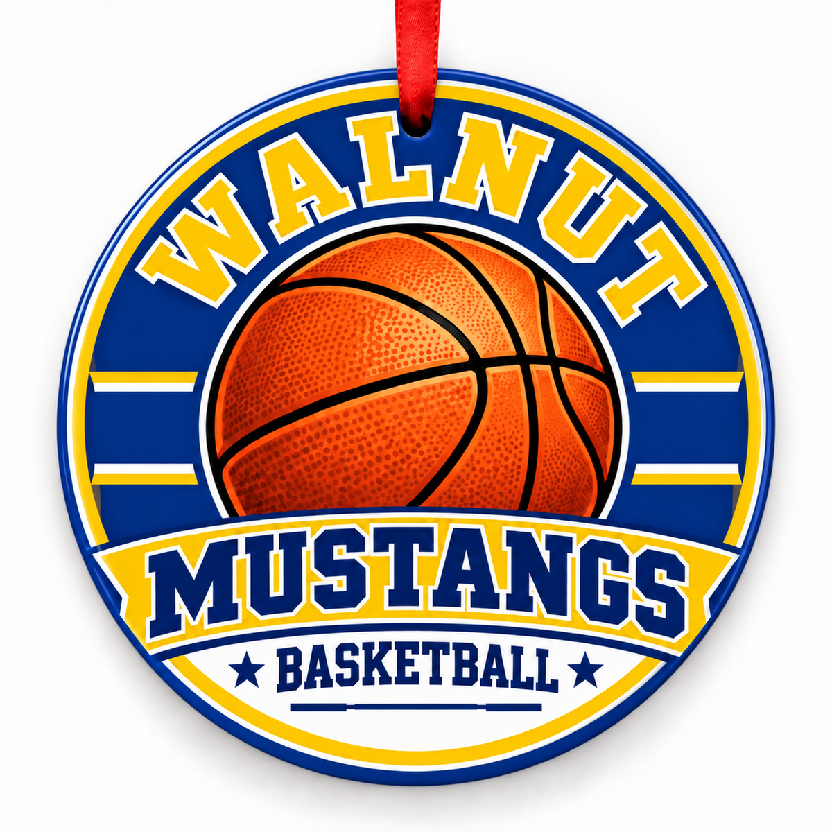 Walnut High Mustangs basketball ornament in blue and gold with a red ribbon