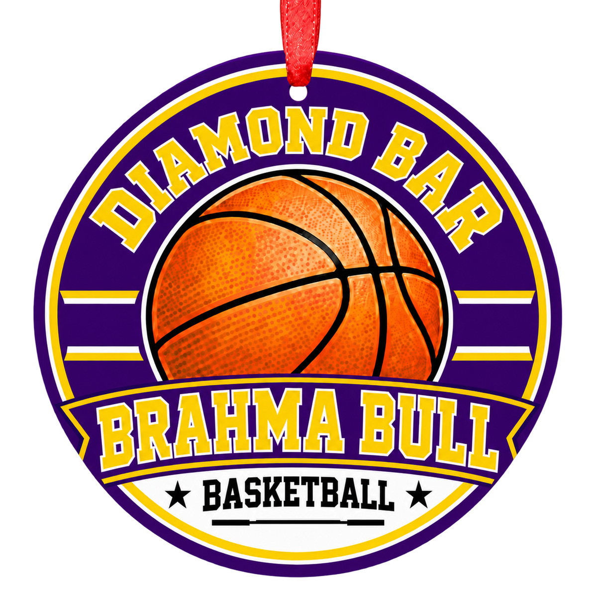 Diamond Bar High School Brahma bull basketball round Christmas ornament with red ribbon