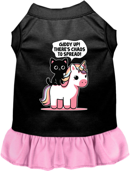Black pet dress with cat and unicorn design