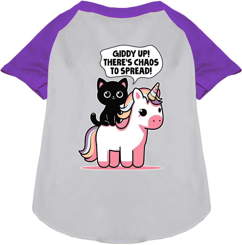 Purple pet raglan shirt with unicorn and cat design