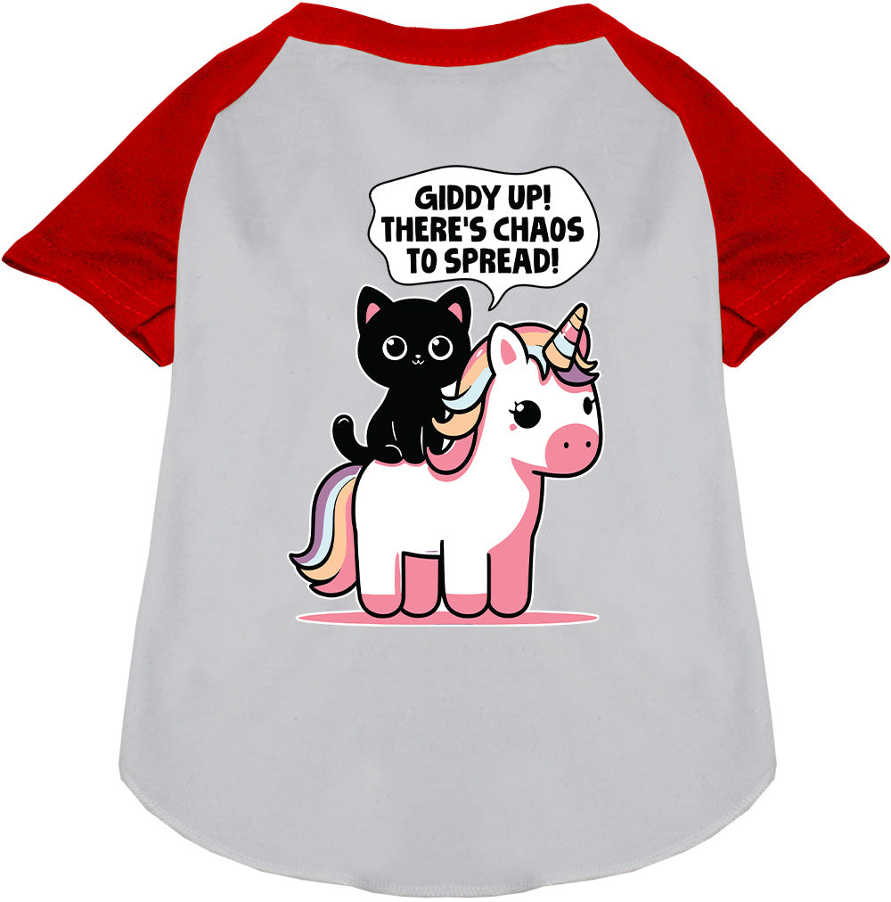 Red pet raglan shirt with unicorn and cat design