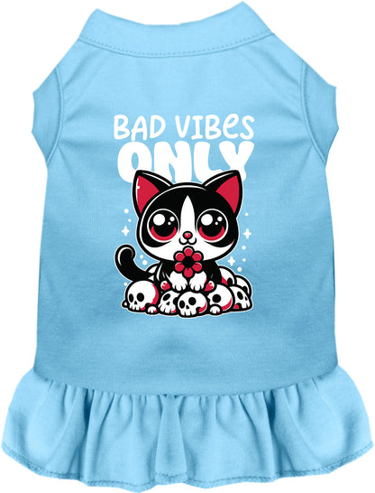 Blue Bad Vibes Only pet dress with cat design