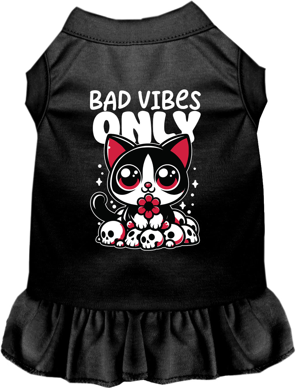 Black Bad Vibes Only pet dress with cat design