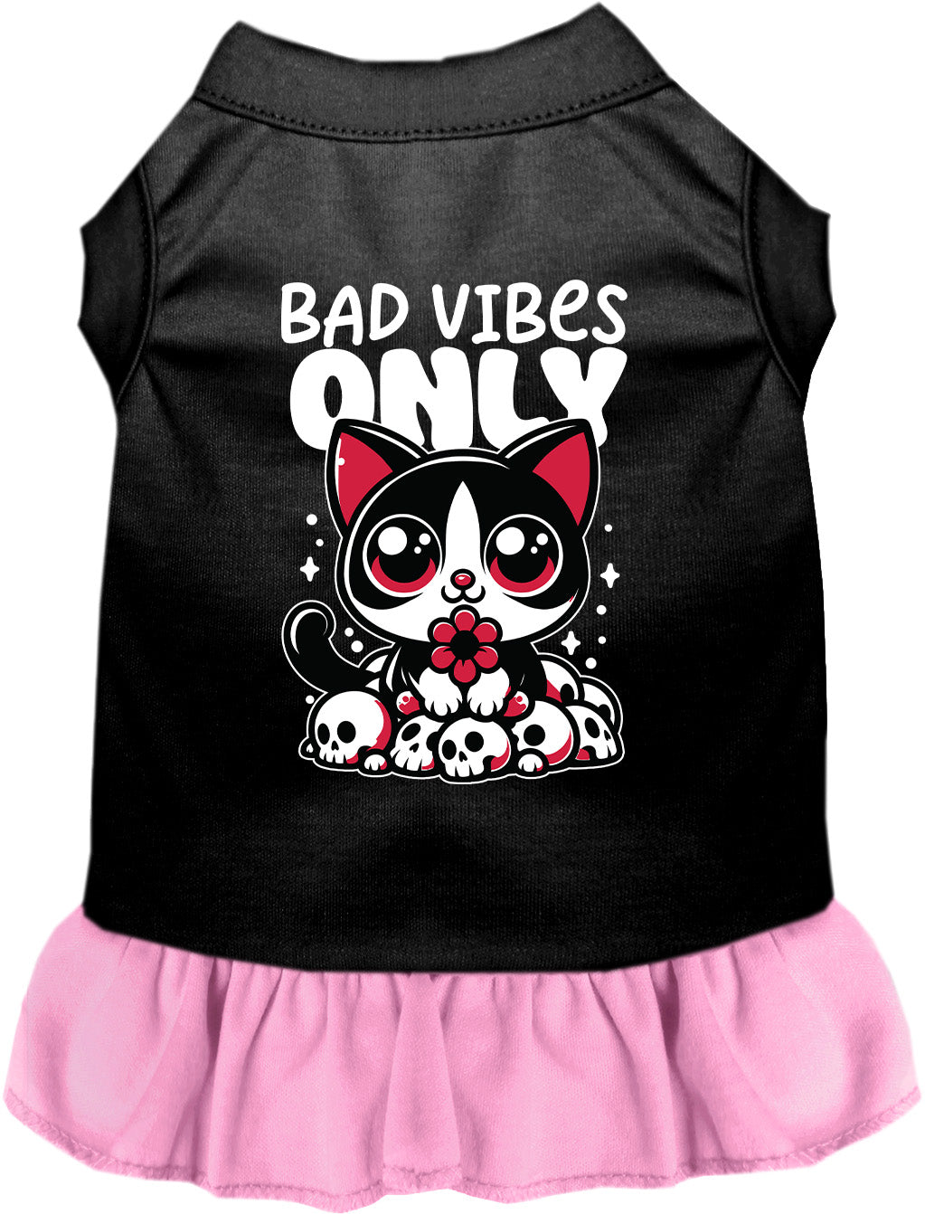 Black and light pink Bad Vibes Only pet dress with cat design