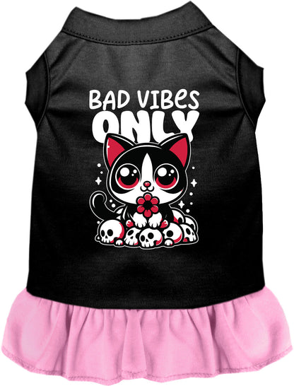 Black and light pink Bad Vibes Only pet dress with cat design