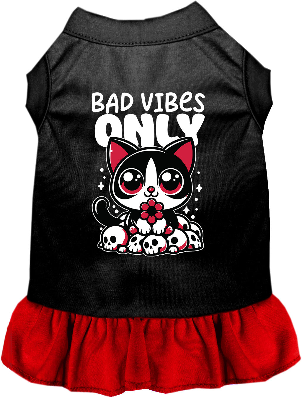 Black and red Bad Vibes Only pet dress with cat design