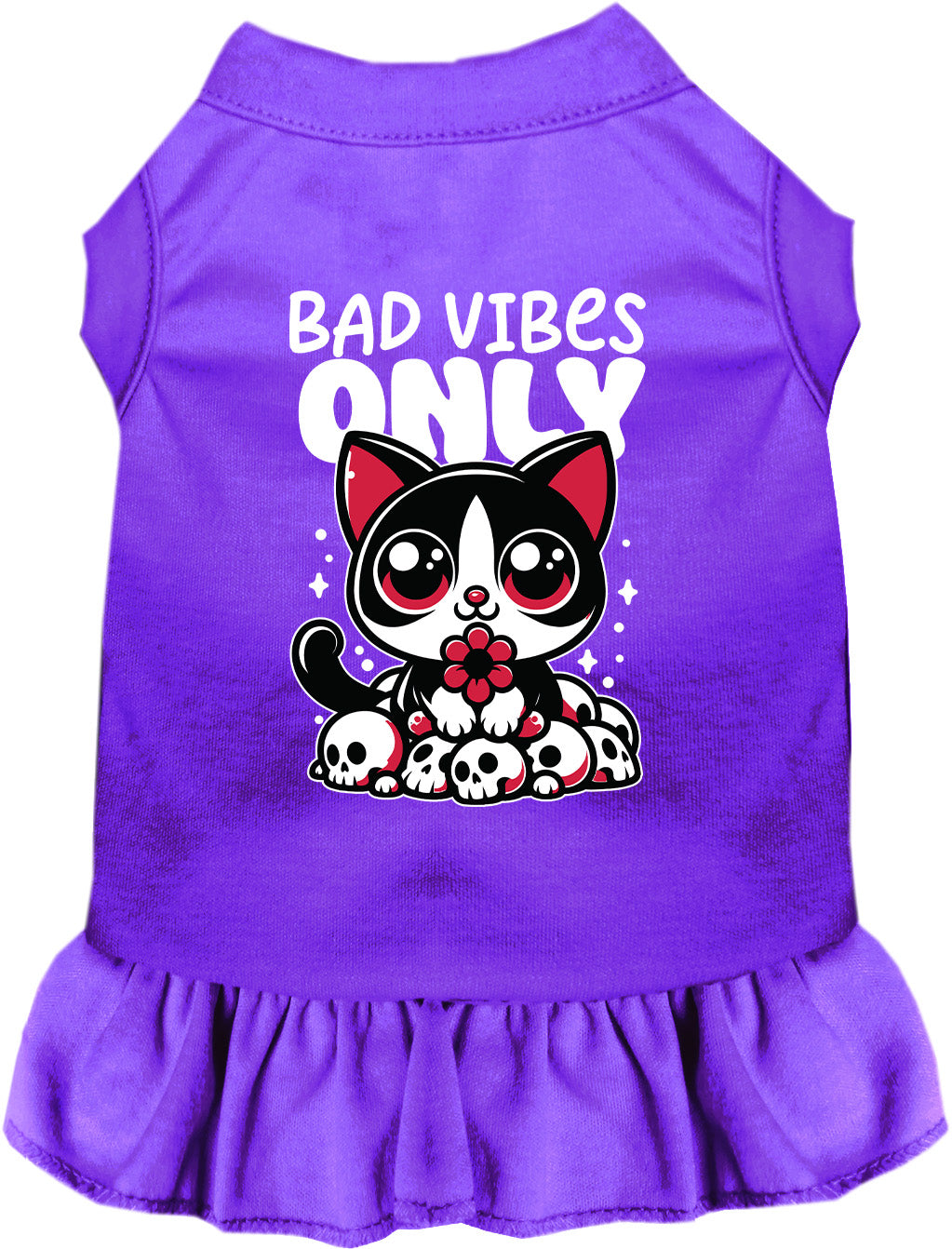 Purple Bad Vibes Only pet dress with cat design
