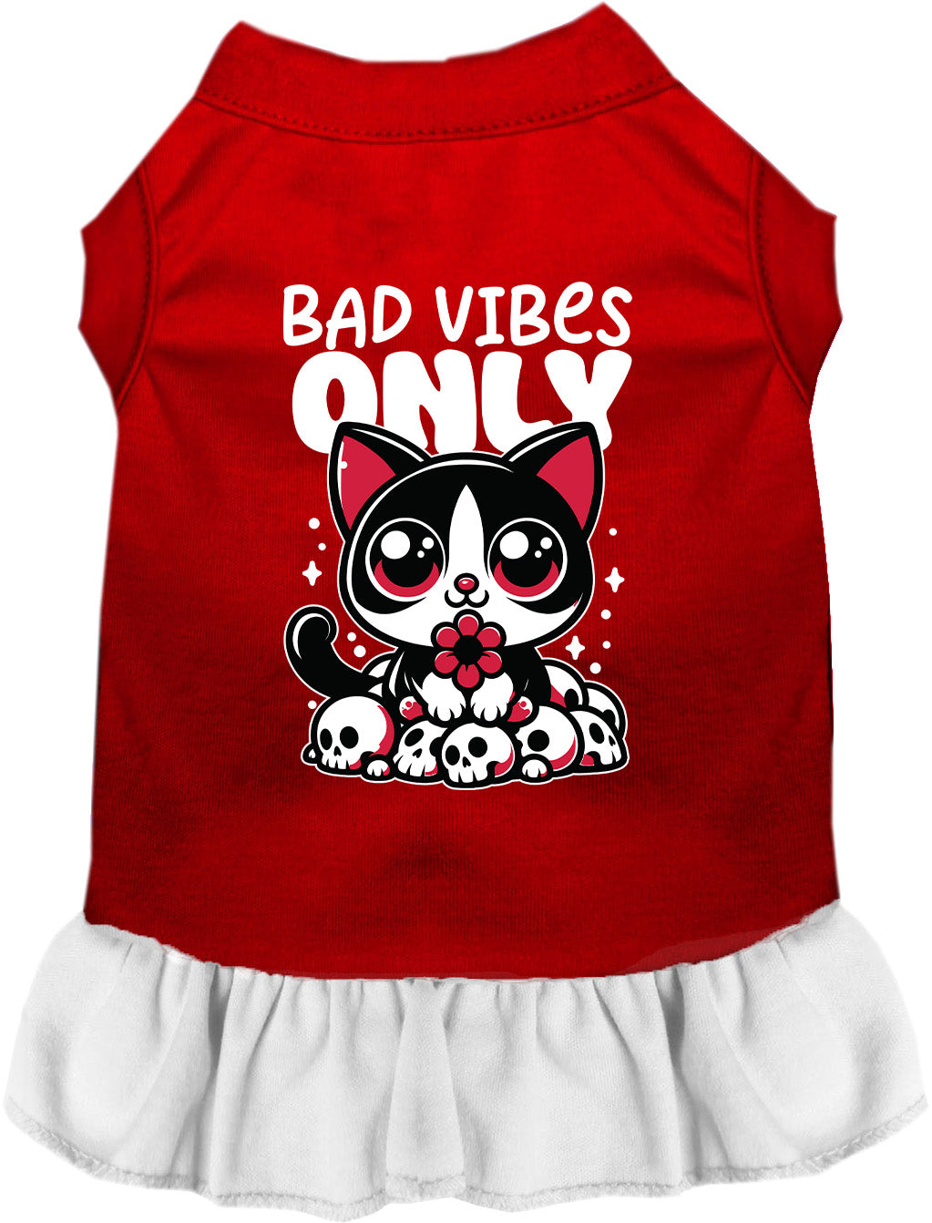 Red and white Bad Vibes Only pet dress with cat design