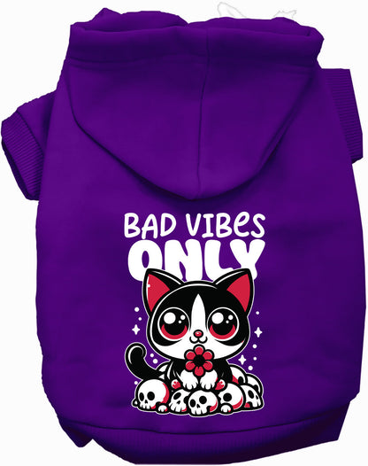 Purple Bad Vibes Only pet hoodie with cute cat design