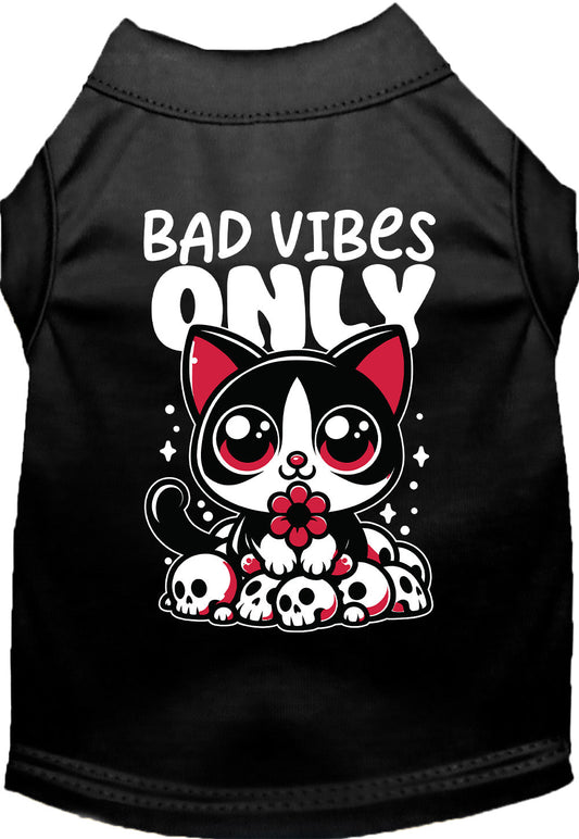 Black pet shirt with 'Bad Vibes Only' design