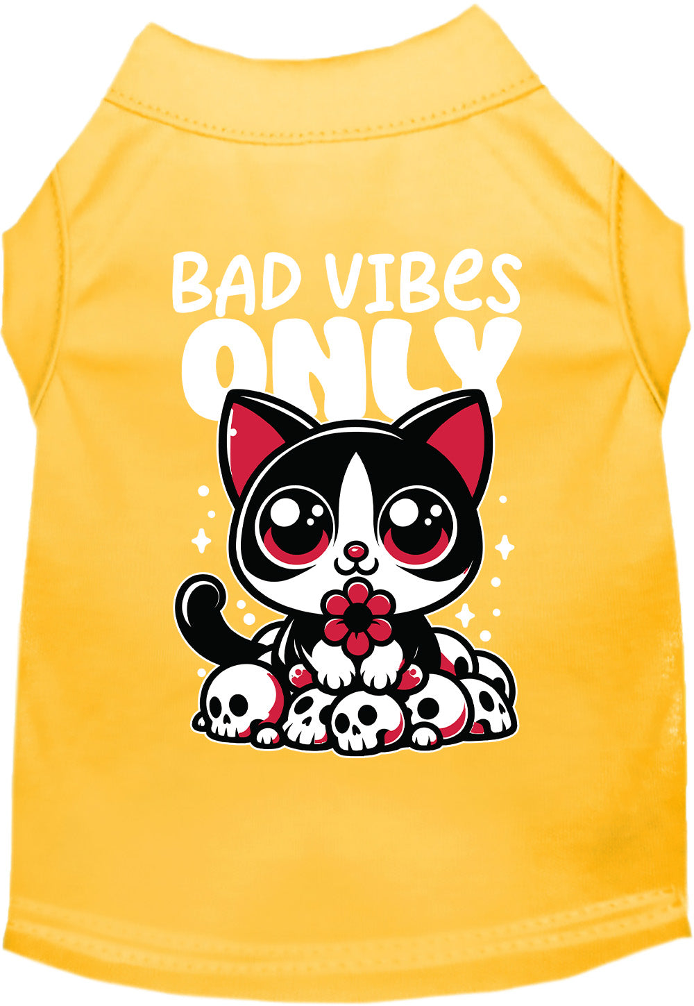 Yellow pet shirt with 'Bad Vibes Only' design