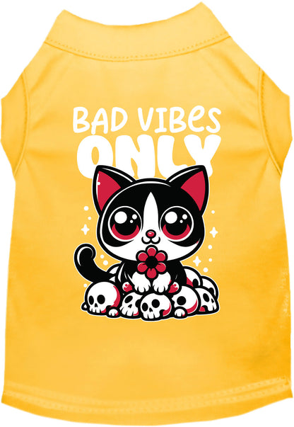 Yellow pet shirt with 'Bad Vibes Only' design