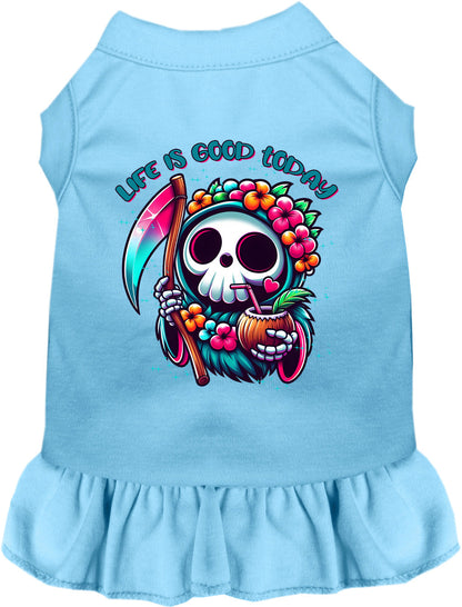 Blue tropical Grim Reaper pet dress with floral design