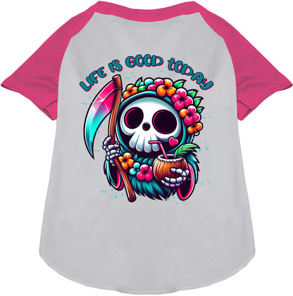 Tropical Grim Reaper Pet Raglan Shirt, pink sleeves