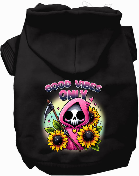 Black pet hoodie with sunflowers and scythes design