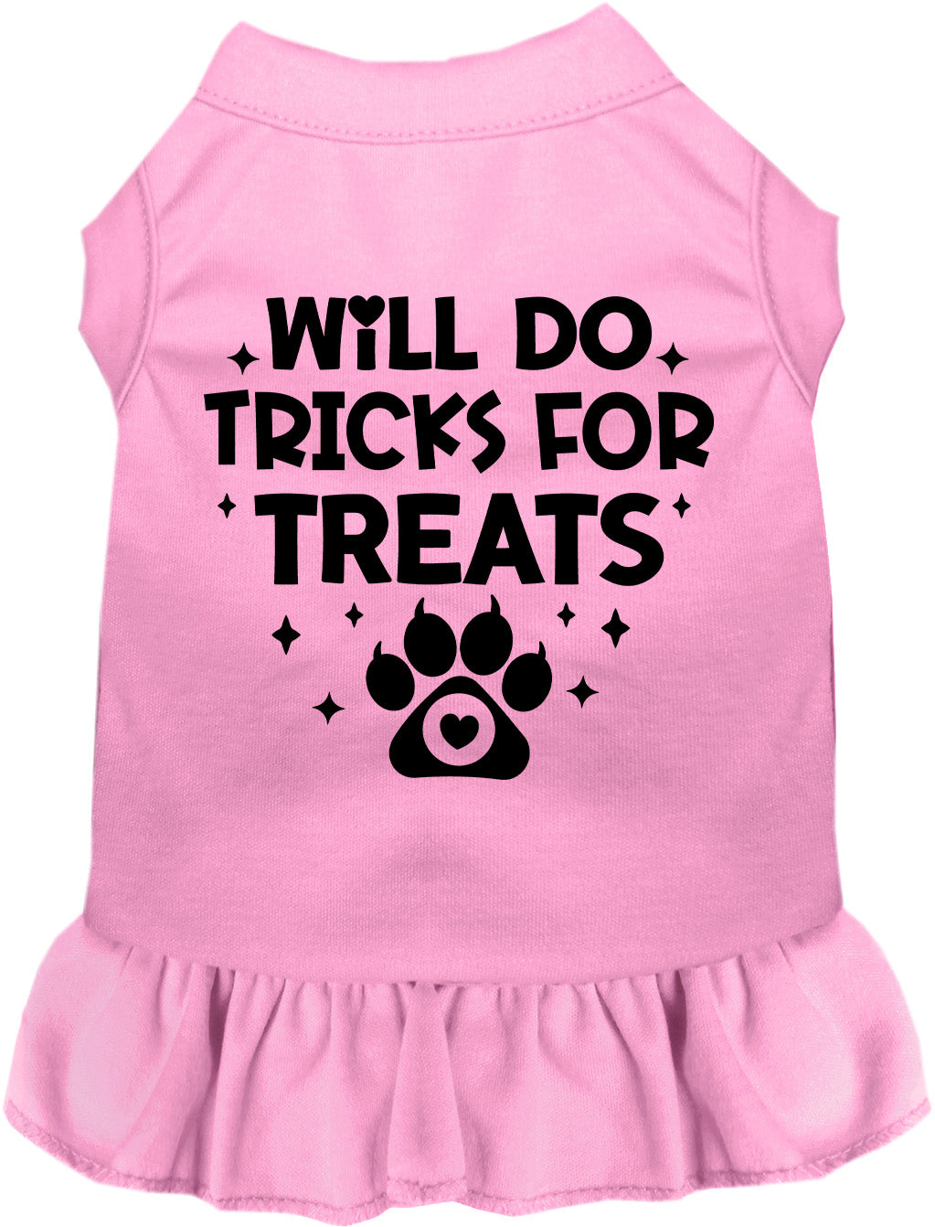 Pink pet dress with 'Will Do Tricks for Treats' print