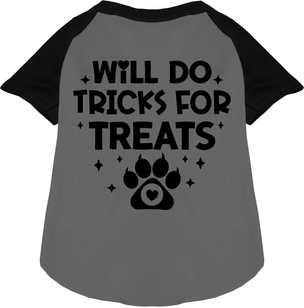Black sleeve pet raglan shirt with 'Will Do Tricks for Treats' print