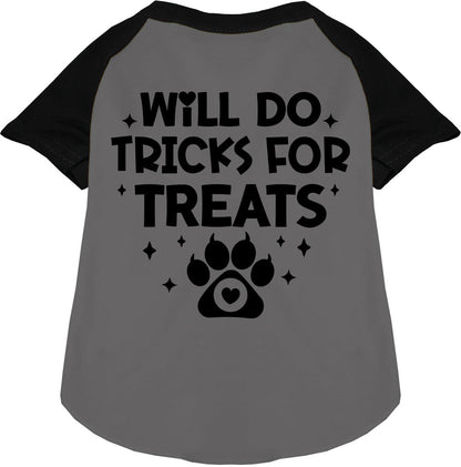 Black sleeve pet raglan shirt with 'Will Do Tricks for Treats' print