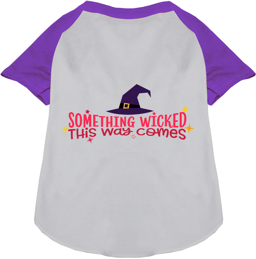 Purple raglan pet shirt with 'Something Wicked' design