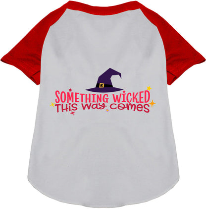 Red raglan pet shirt with 'Something Wicked' design