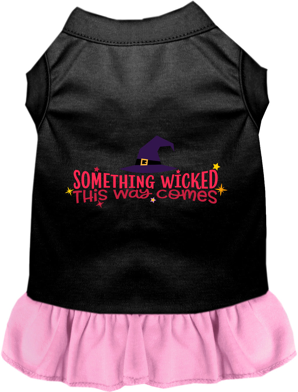 Black pet dress with light pink skirt and 'Something Wicked' design