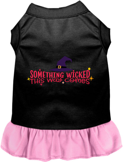 Black pet dress with light pink skirt and 'Something Wicked' design