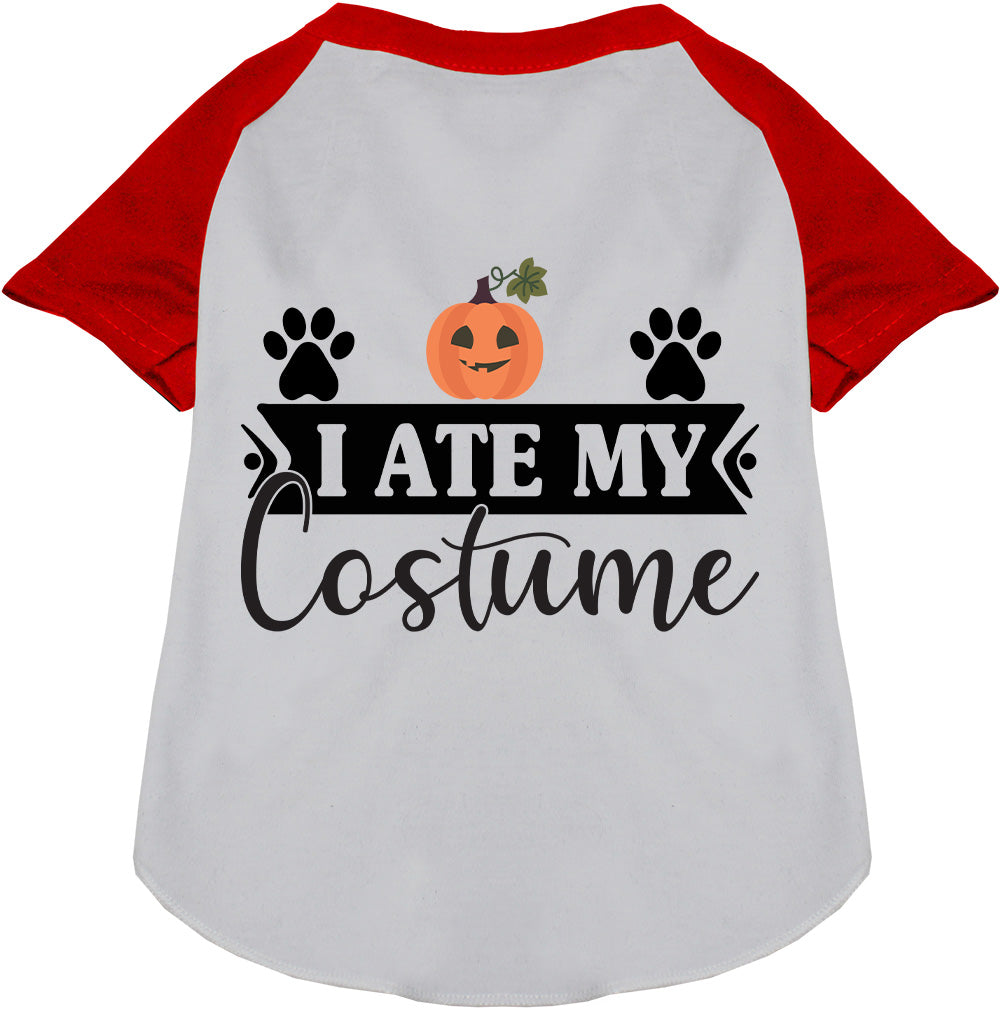 Red raglan pet shirt with 'I Ate My Costume' design