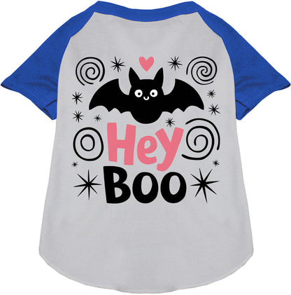Blue Hey Boo! Pet Raglan Shirt with bat design