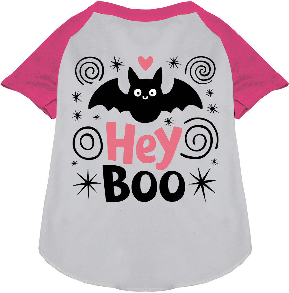 Pink Hey Boo! Pet Raglan Shirt with bat design